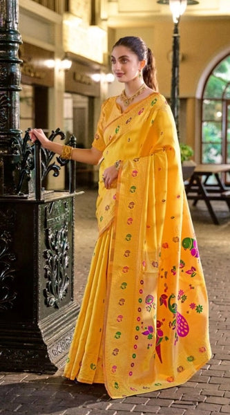 Mayawye Women's Silk Blend Paithani Weaving Saree With Unstitched Blouse 5.5Mtr (Mustard)