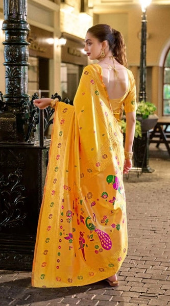 Mayawye Women's Silk Blend Paithani Weaving Saree With Unstitched Blouse 5.5Mtr (Mustard)