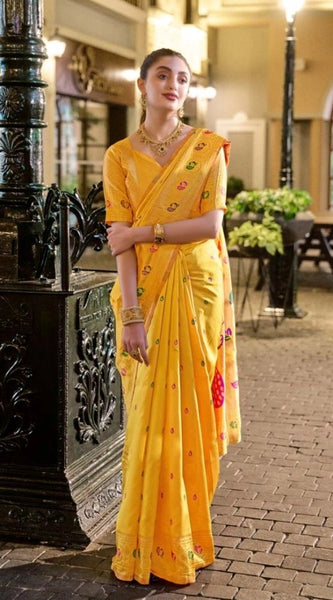 Mayawye Women's Silk Blend Paithani Weaving Saree With Unstitched Blouse 5.5Mtr (Mustard)