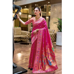 Mayawye Women's Silk Blend Paithani Weaving Saree With Unstitched Blouse 5.5Mtr (Pink)