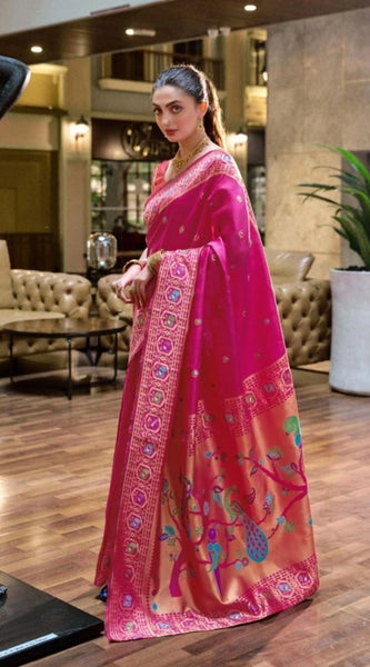Mayawye Women's Silk Blend Paithani Weaving Saree With Unstitched Blouse 5.5Mtr (Pink)
