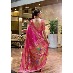 Mayawye Women's Silk Blend Paithani Weaving Saree With Unstitched Blouse 5.5Mtr (Pink)