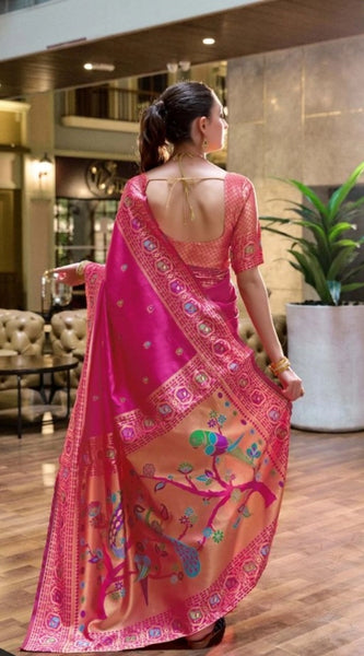 Mayawye Women's Silk Blend Paithani Weaving Saree With Unstitched Blouse 5.5Mtr (Pink)