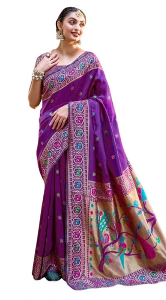 Mayawye Women's Silk Blend Paithani Weaving Saree With Unstitched Blouse 5.5Mtr (Purple)