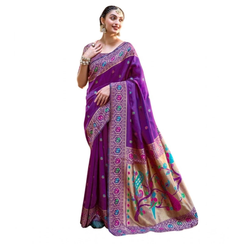 Mayawye Women's Silk Blend Paithani Weaving Saree With Unstitched Blouse 5.5Mtr (Purple)