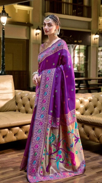 Mayawye Women's Silk Blend Paithani Weaving Saree With Unstitched Blouse 5.5Mtr (Purple)