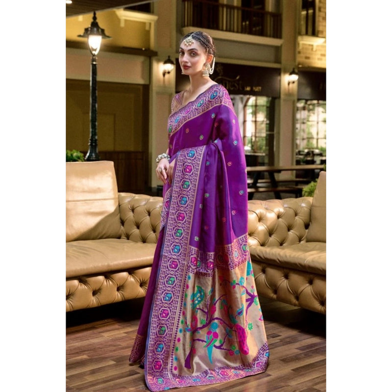 Mayawye Women's Silk Blend Paithani Weaving Saree With Unstitched Blouse 5.5Mtr (Purple)