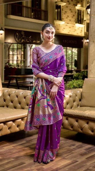 Mayawye Women's Silk Blend Paithani Weaving Saree With Unstitched Blouse 5.5Mtr (Purple)