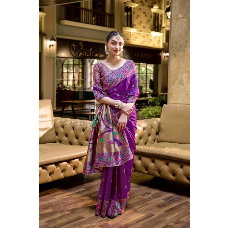Mayawye Women's Silk Blend Paithani Weaving Saree With Unstitched Blouse 5.5Mtr (Purple)