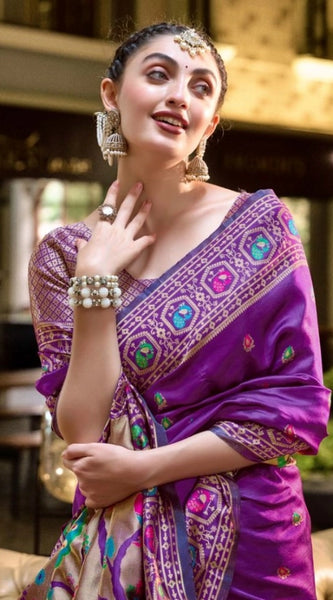 Mayawye Women's Silk Blend Paithani Weaving Saree With Unstitched Blouse 5.5Mtr (Purple)