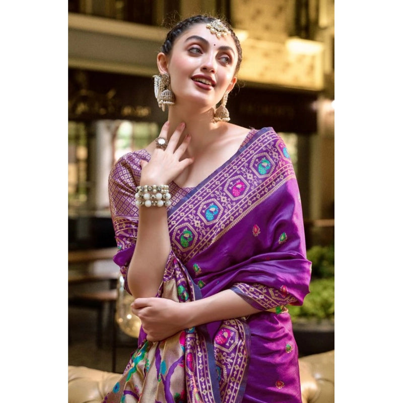 Mayawye Women's Silk Blend Paithani Weaving Saree With Unstitched Blouse 5.5Mtr (Purple)