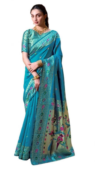 Mayawye Women's Silk Blend Paithani Weaving Saree With Unstitched Blouse 5.5Mtr (Rama)