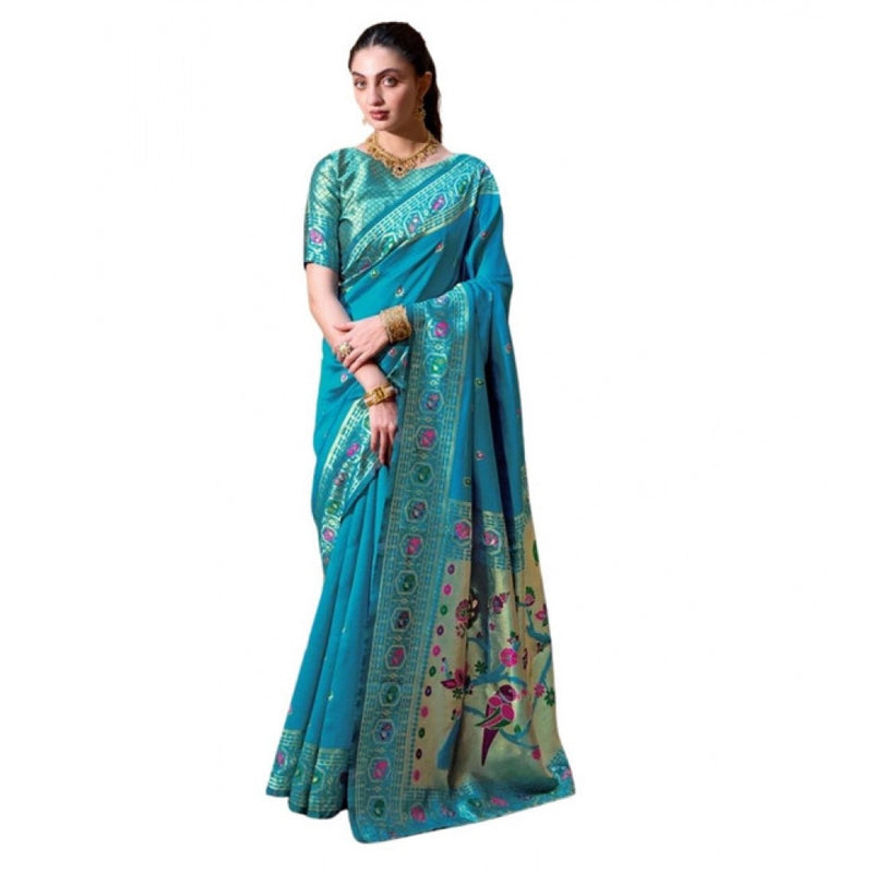 Mayawye Women's Silk Blend Paithani Weaving Saree With Unstitched Blouse 5.5Mtr (Rama)