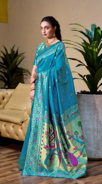 Mayawye Women's Silk Blend Paithani Weaving Saree With Unstitched Blouse 5.5Mtr (Rama)