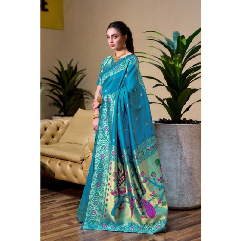 Mayawye Women's Silk Blend Paithani Weaving Saree With Unstitched Blouse 5.5Mtr (Rama)