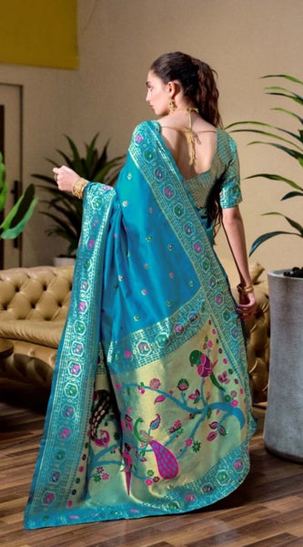 Mayawye Women's Silk Blend Paithani Weaving Saree With Unstitched Blouse 5.5Mtr (Rama)