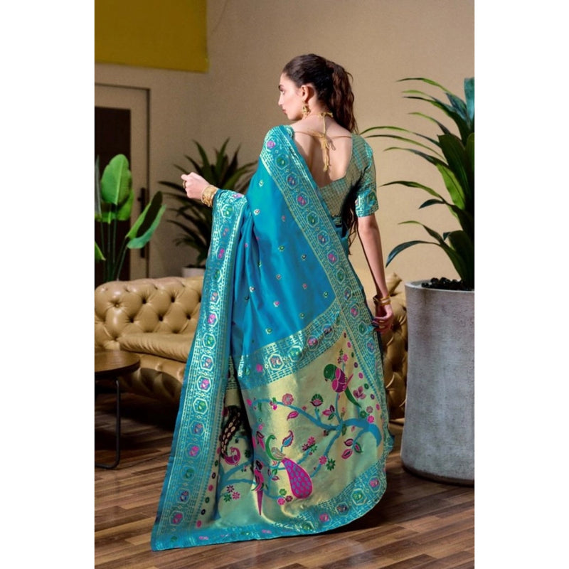 Mayawye Women's Silk Blend Paithani Weaving Saree With Unstitched Blouse 5.5Mtr (Rama)