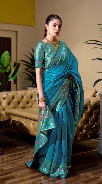 Mayawye Women's Silk Blend Paithani Weaving Saree With Unstitched Blouse 5.5Mtr (Rama)