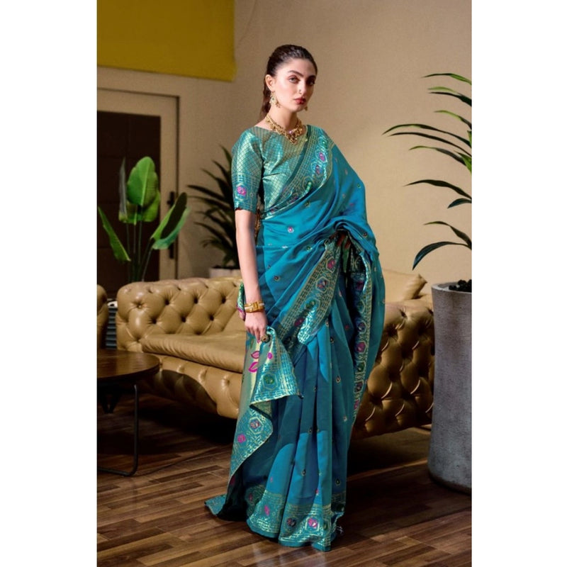 Mayawye Women's Silk Blend Paithani Weaving Saree With Unstitched Blouse 5.5Mtr (Rama)