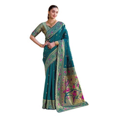 Mayawye Women's Silk Blend Paithani Weaving Saree With Unstitched Blouse 5.5Mtr (Teal)