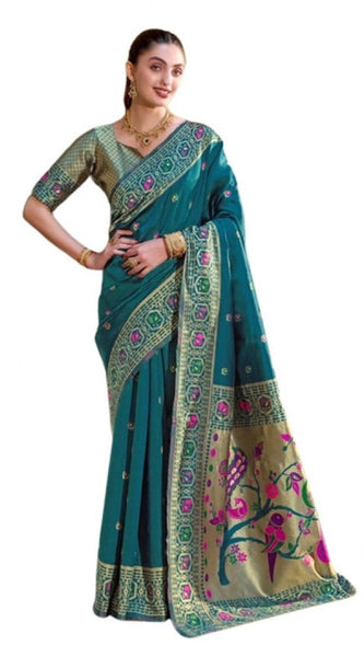 Mayawye Women's Silk Blend Paithani Weaving Saree With Unstitched Blouse 5.5Mtr (Teal)