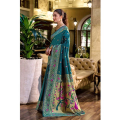 Mayawye Women's Silk Blend Paithani Weaving Saree With Unstitched Blouse 5.5Mtr (Teal)