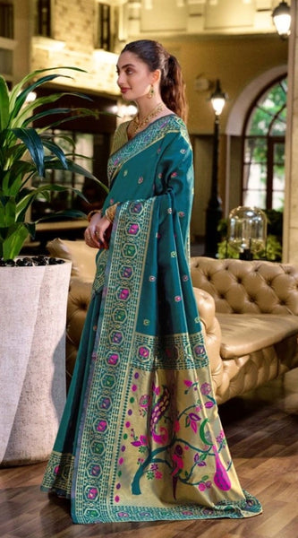 Mayawye Women's Silk Blend Paithani Weaving Saree With Unstitched Blouse 5.5Mtr (Teal)
