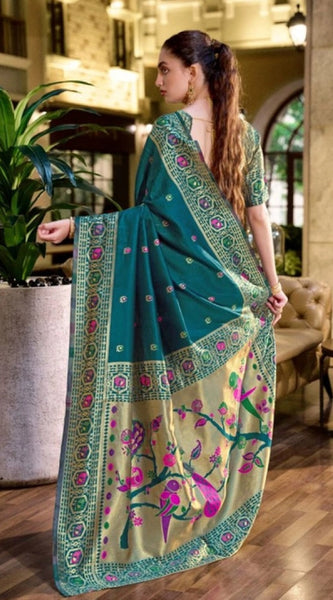 Mayawye Women's Silk Blend Paithani Weaving Saree With Unstitched Blouse 5.5Mtr (Teal)