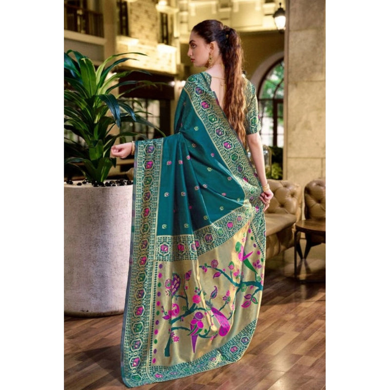 Mayawye Women's Silk Blend Paithani Weaving Saree With Unstitched Blouse 5.5Mtr (Teal)