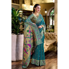 Mayawye Women's Silk Blend Paithani Weaving Saree With Unstitched Blouse 5.5Mtr (Teal)
