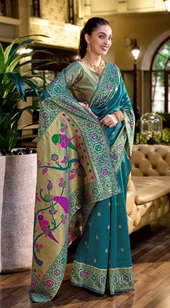 Mayawye Women's Silk Blend Paithani Weaving Saree With Unstitched Blouse 5.5Mtr (Teal)