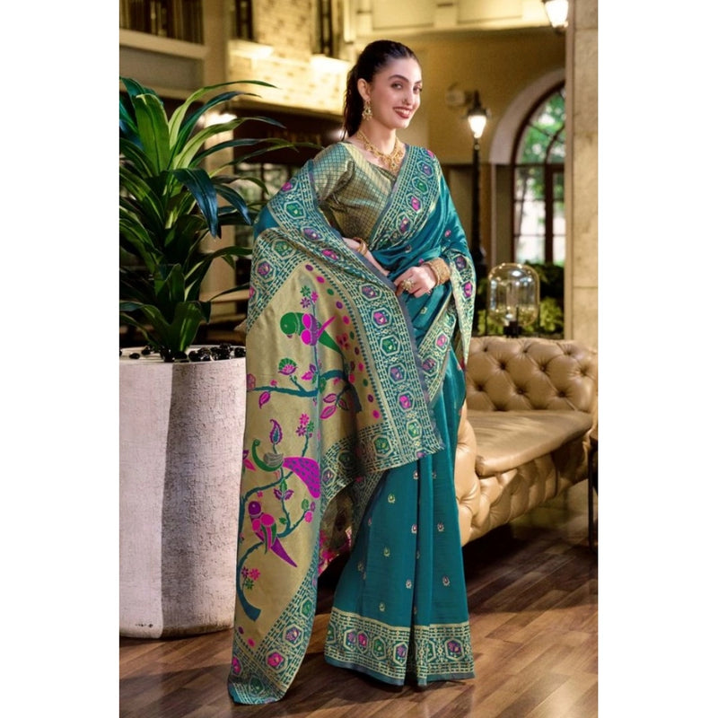 Mayawye Women's Silk Blend Paithani Weaving Saree With Unstitched Blouse 5.5Mtr (Teal)