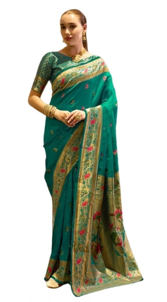 Mayawye Women's Silk Blend Zari Woven Saree With Unstitched Blouse 5.5Mtr (Green)