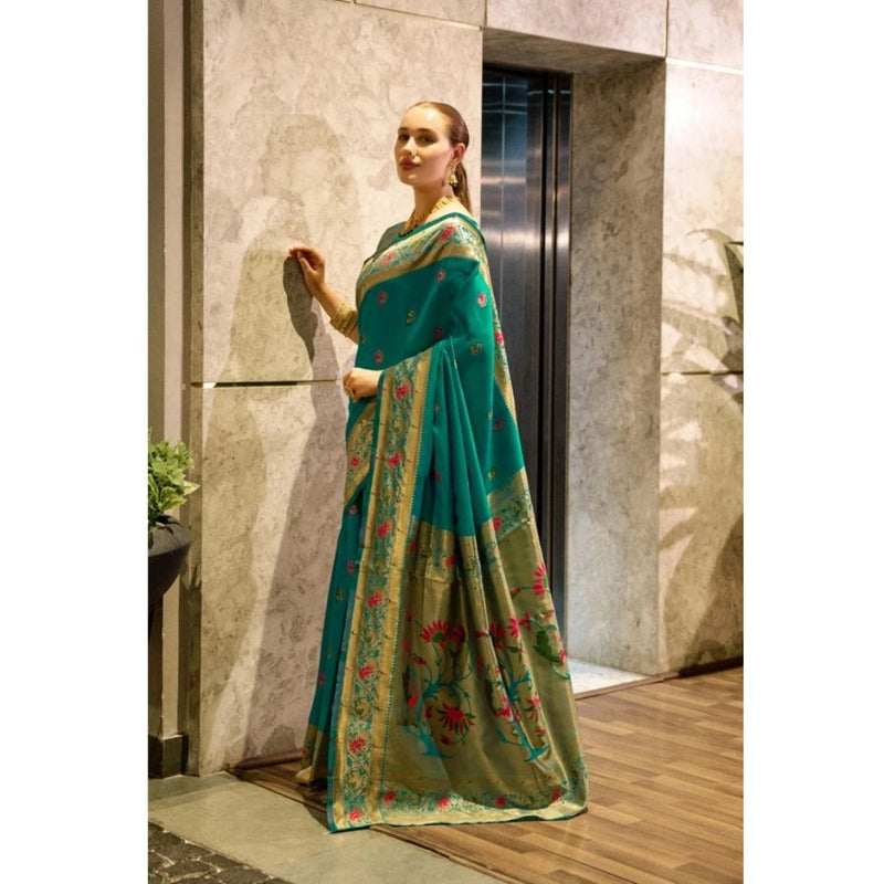 Mayawye Women's Silk Blend Zari Woven Saree With Unstitched Blouse 5.5Mtr (Green)