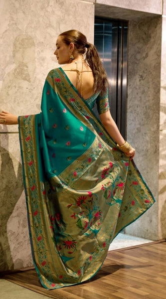 Mayawye Women's Silk Blend Zari Woven Saree With Unstitched Blouse 5.5Mtr (Green)