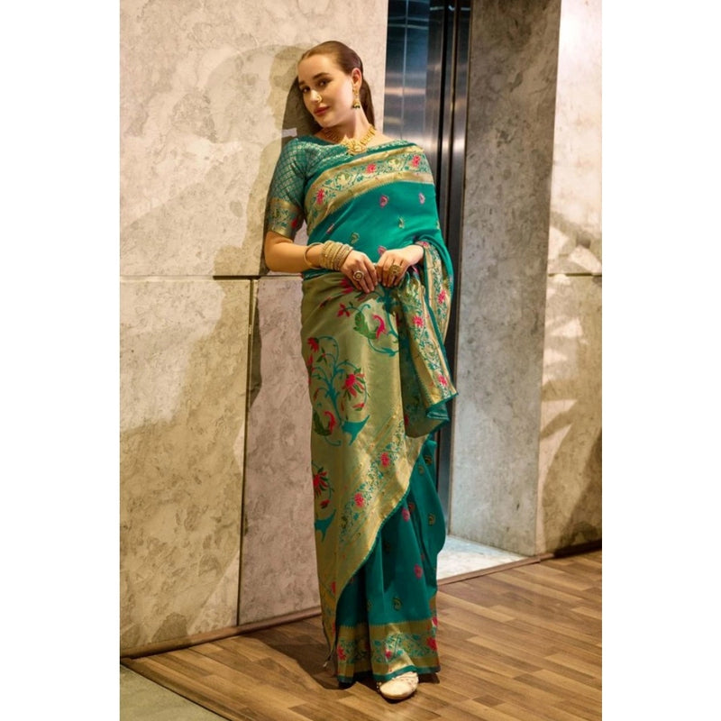 Mayawye Women's Silk Blend Zari Woven Saree With Unstitched Blouse 5.5Mtr (Green)