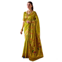 Mayawye Women's Silk Blend Zari Woven Saree With Unstitched Blouse 5.5Mtr (Lime Green)