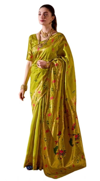 Mayawye Women's Silk Blend Zari Woven Saree With Unstitched Blouse 5.5Mtr (Lime Green)
