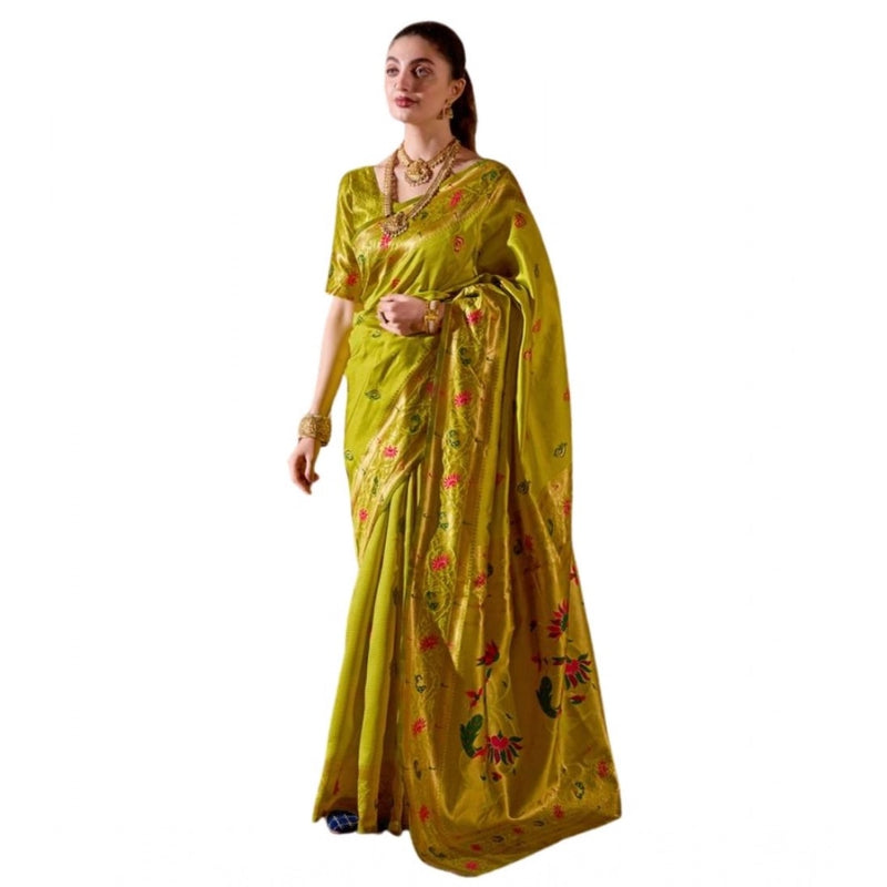 Mayawye Women's Silk Blend Zari Woven Saree With Unstitched Blouse 5.5Mtr (Lime Green)