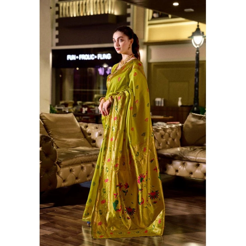 Mayawye Women's Silk Blend Zari Woven Saree With Unstitched Blouse 5.5Mtr (Lime Green)