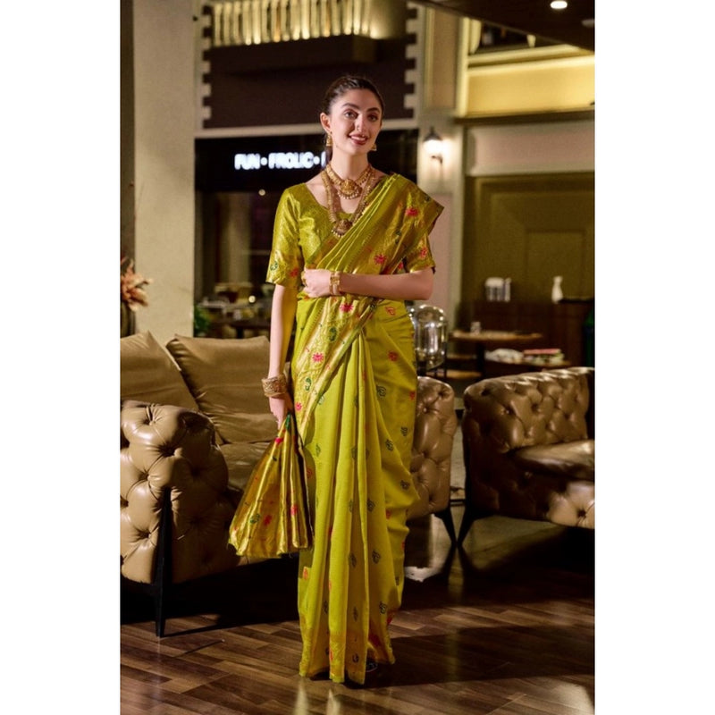 Mayawye Women's Silk Blend Zari Woven Saree With Unstitched Blouse 5.5Mtr (Lime Green)