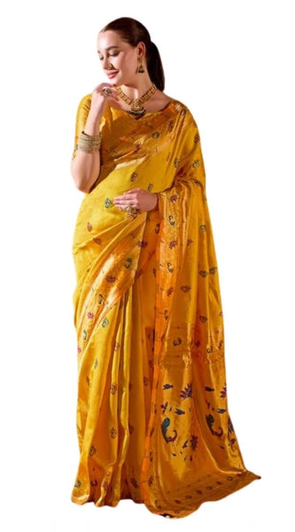 Mayawye Women's Silk Blend Zari Woven Saree With Unstitched Blouse 5.5Mtr (Mustard)