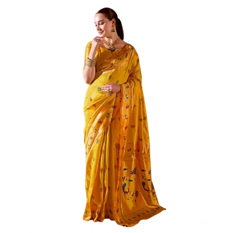 Mayawye Women's Silk Blend Zari Woven Saree With Unstitched Blouse 5.5Mtr (Mustard)