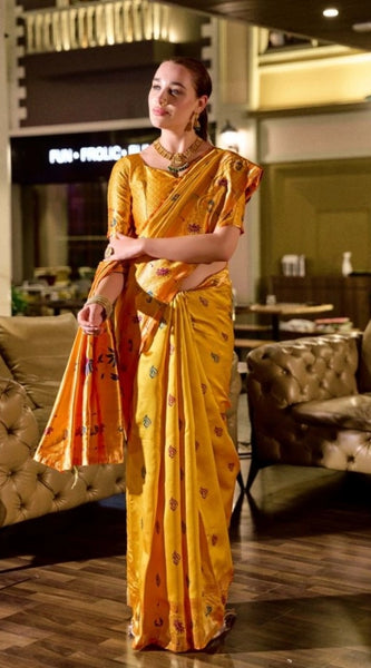 Mayawye Women's Silk Blend Zari Woven Saree With Unstitched Blouse 5.5Mtr (Mustard)