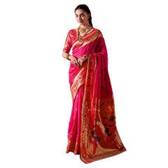 Mayawye Women's Silk Blend Zari Woven Saree With Unstitched Blouse 5.5Mtr (Pink)