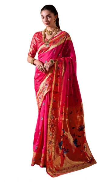Mayawye Women's Silk Blend Zari Woven Saree With Unstitched Blouse 5.5Mtr (Pink)