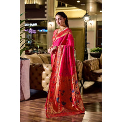 Mayawye Women's Silk Blend Zari Woven Saree With Unstitched Blouse 5.5Mtr (Pink)