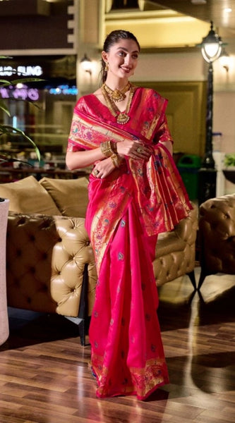 Mayawye Women's Silk Blend Zari Woven Saree With Unstitched Blouse 5.5Mtr (Pink)