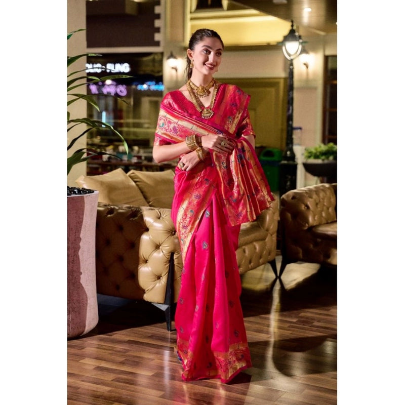 Mayawye Women's Silk Blend Zari Woven Saree With Unstitched Blouse 5.5Mtr (Pink)