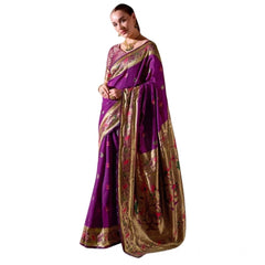 Mayawye Women's Silk Blend Zari Woven Saree With Unstitched Blouse 5.5Mtr (Purple)